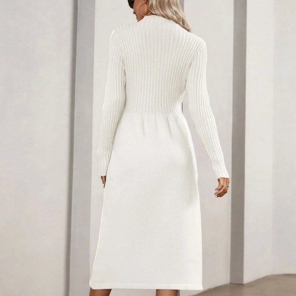 White Elegant Womens Mock Neck Button Detail Sweater Dress - Picture 2 of 5